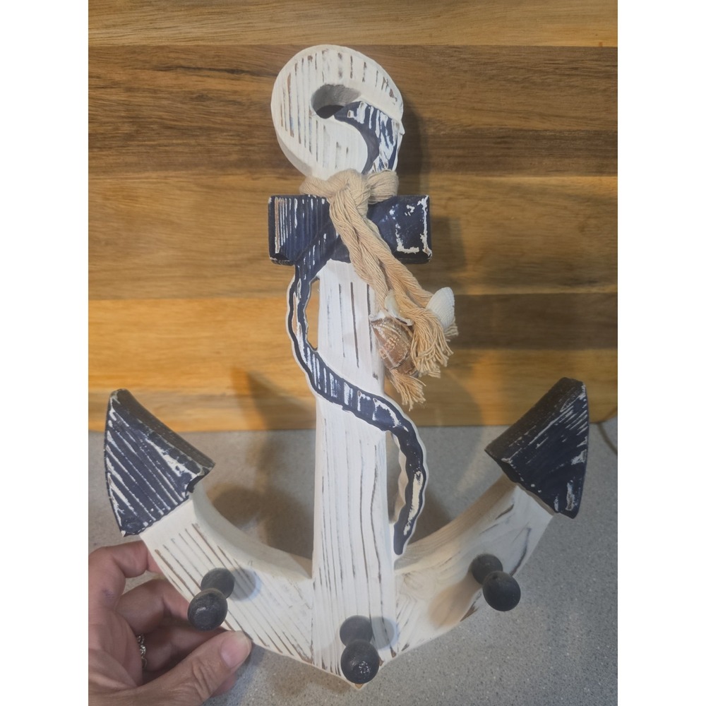 Wooden Decorative Anchor Blue And White Nautical Rope, Shells, 14 Inches